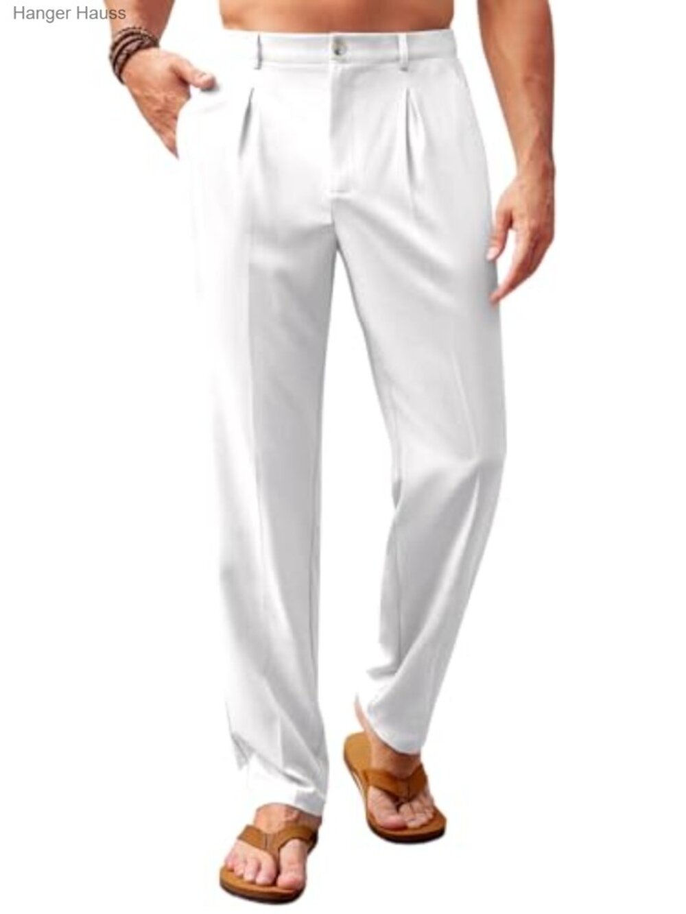 Men's Casual Pleated Pants Elastic Waist Lightweight Faux Linen Straight Leg